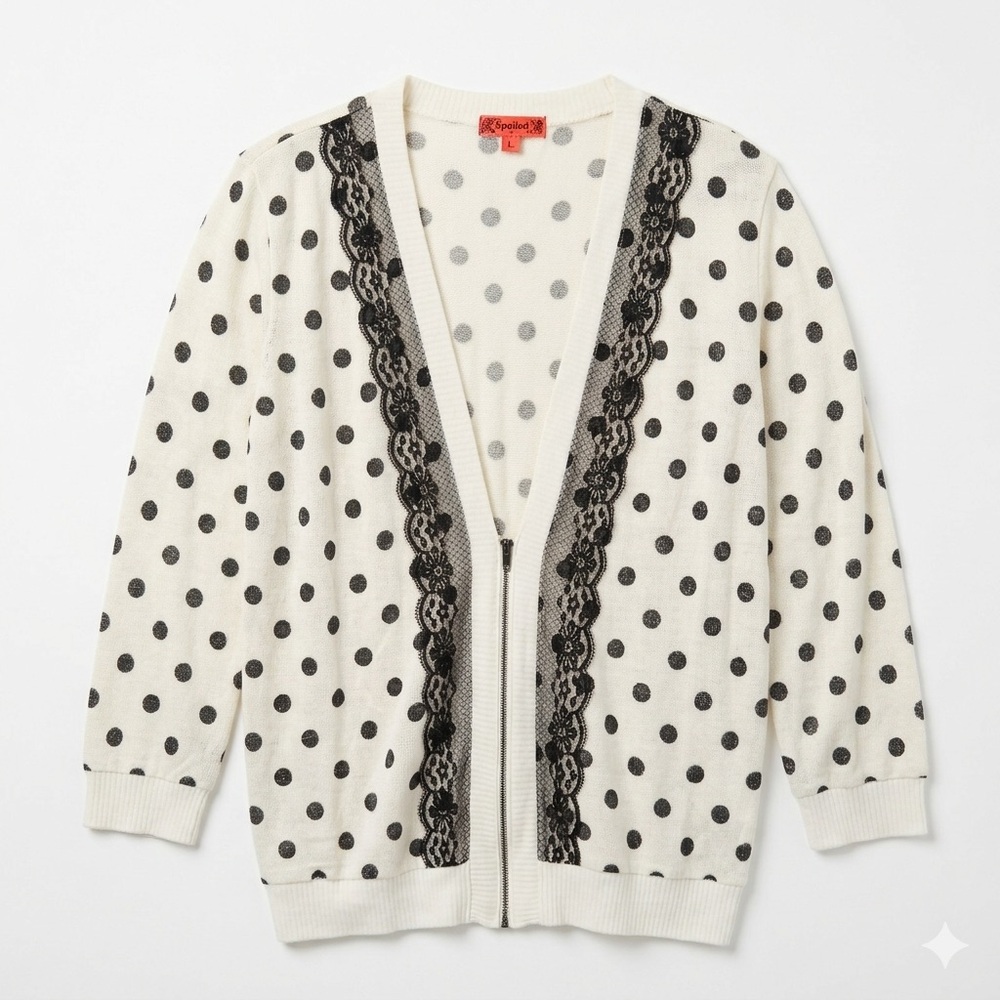 Spoiled Polka Dot Zip-Up Cardigan with Black Lace #whimsigoth #coquette #vintage